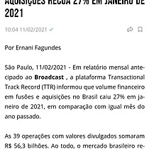 TTR: Volume financeiro em fuses e aquisies recua 27% em janeiro de 2021